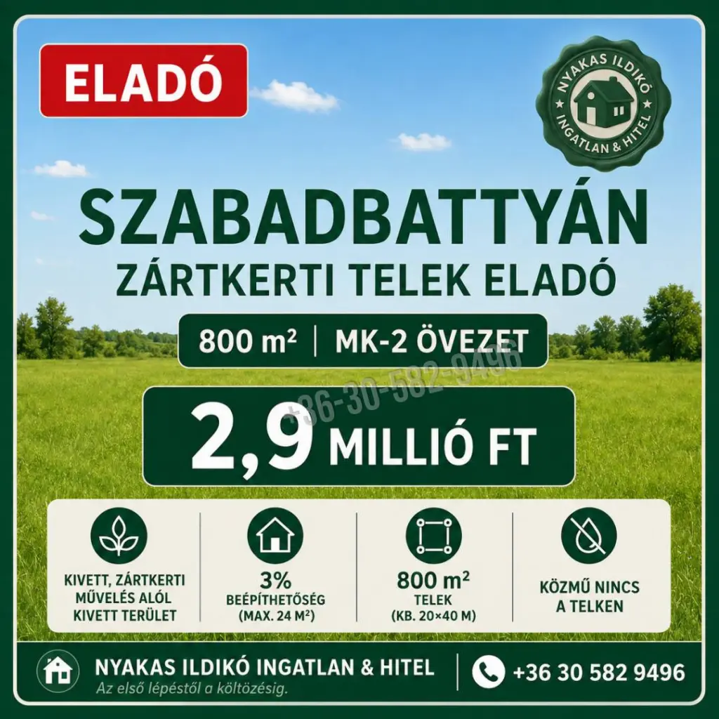 Eladó Építési telek, Szabadbattyán, Nincs megadva, Zártkert, 800nm, 2900000 Ft