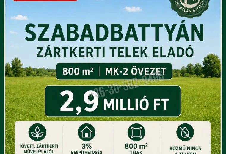 Eladó Építési telek, Szabadbattyán, Nincs megadva, Zártkert, 800nm, 2900000 Ft