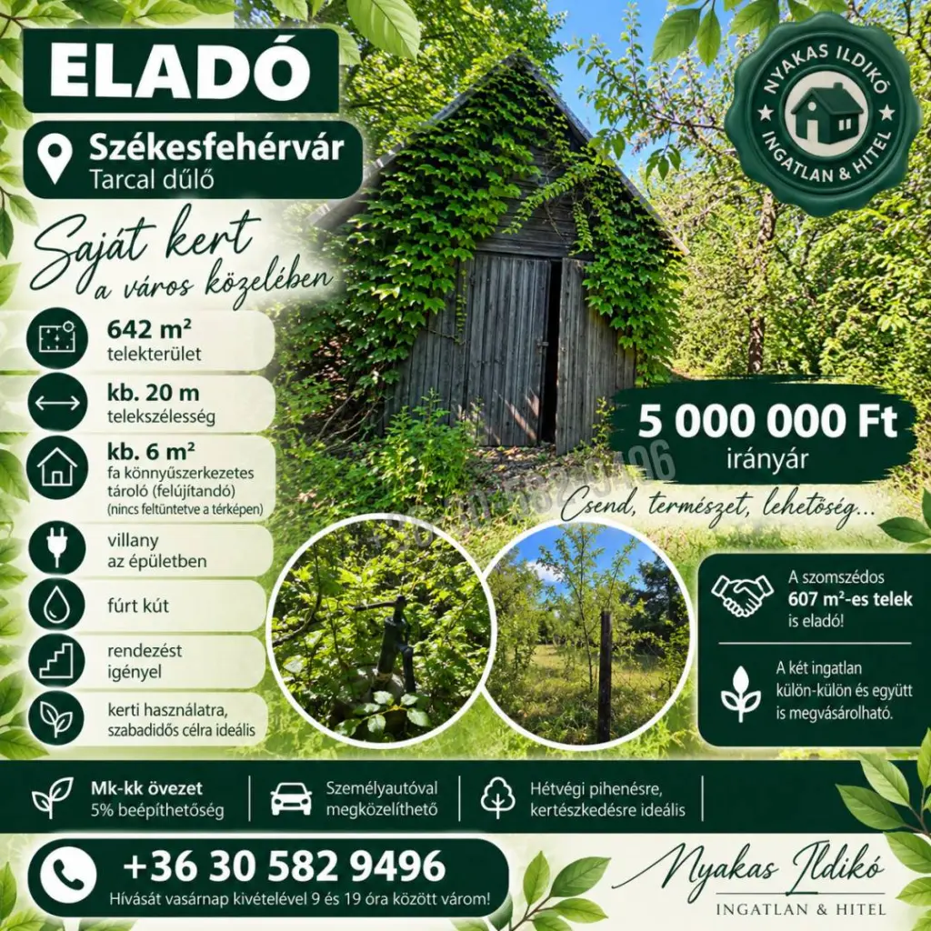 Eladó Építési telek, Székesfehérvár, Nincs megadva, Külterület, 607nm, 5000000 Ft